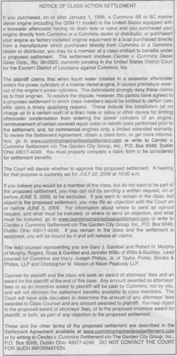 Cummins Marine Diesel Motor Class Action Lawsuit Settlement Summary Notice