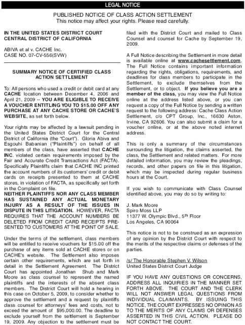 Cache Short Form Notice Cache Short Form Notice