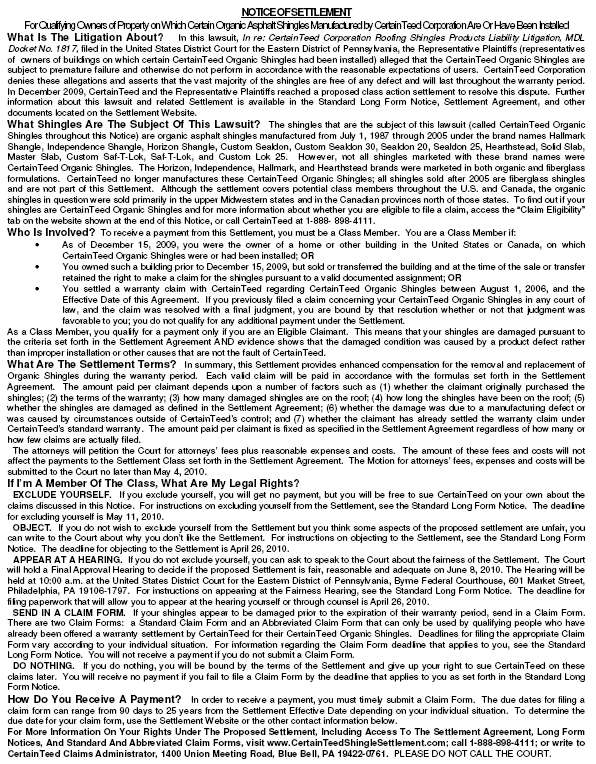 CertainTeed Organic Shingle Class Action Lawsuit Settlement Notice CertainTeed Organic Shingle Class Action Lawsuit Settlement Notice