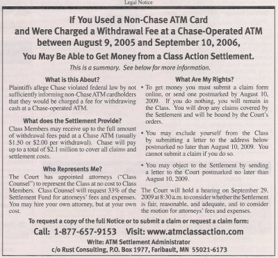 Chase ATM Fee Class Action Summary Notice Chase ATM Fee Class Action Summary Notice
