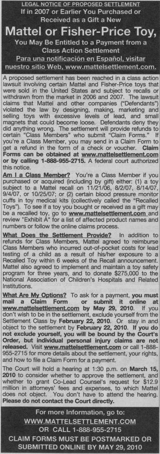 Mattel Toys Lead Paint Class Action Lawsuit Settlement Notice