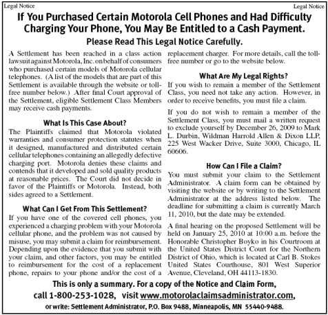 Motorola Mobile Phone Charger Class Action Lawsuit Settlement Short Form Notice Motorola Mobile Phone Charger Class Action Lawsuit Settlement Short Form Notice