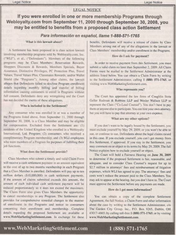 Web Marketing Class Action Lawsuit Settlement Summary Notice