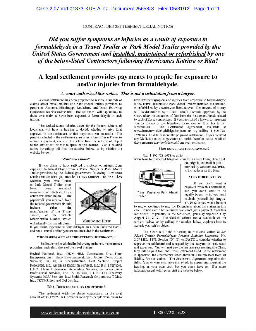 FEMA Trailer Settlement Notice FEMA Trailer Settlement Notice