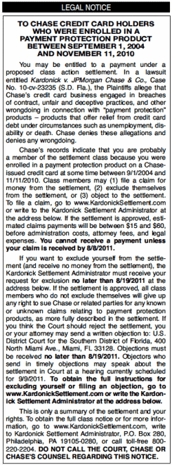 Chase Credit Card Payment Protection Class Action Settlement Notice Chase Credit Card Payment Protection Class Action Settlement Notice