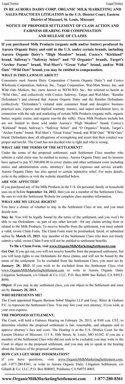 Organic Milk Settlement Notice Organic Milk Settlement Notice
